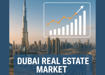 Dubai skyline featuring the Burj Khalifa with overlaid real estate market growth chart and logos of Emaar and Damac.