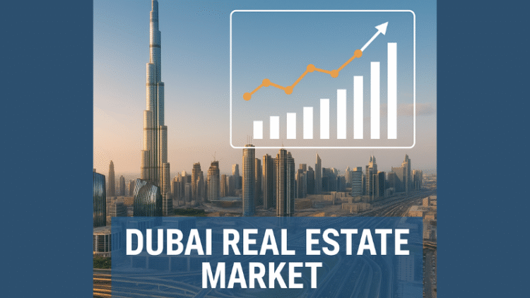 Dubai skyline featuring the Burj Khalifa with overlaid real estate market growth chart and logos of Emaar and Damac.
