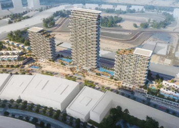 Aerial view of Motor City, Dubai with new high-rise developments in focus
