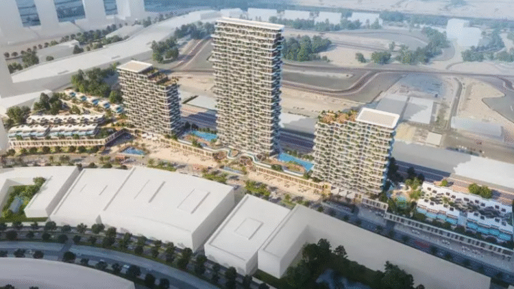 Aerial view of Motor City, Dubai with new high-rise developments in focus