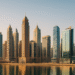 A panoramic view of modern residential skyscrapers in Dubai with clear skies and landscaped surroundings