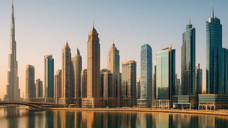 A panoramic view of modern residential skyscrapers in Dubai with clear skies and landscaped surroundings