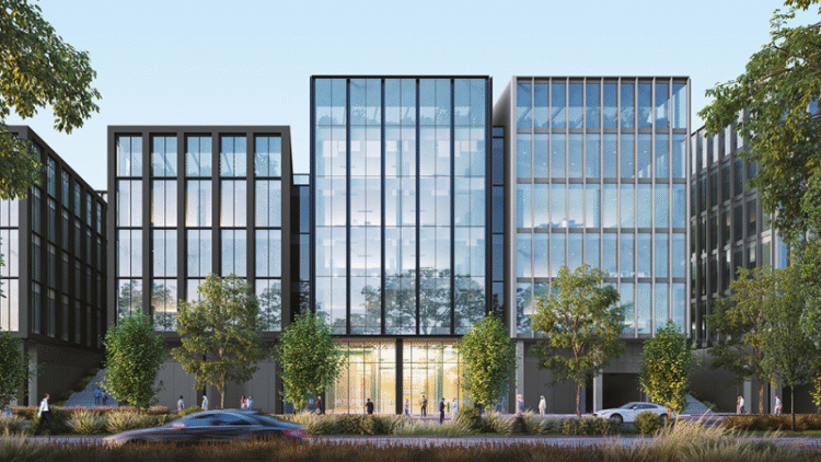Glass-fronted office buildings at Arada Central Business District in Aljada, Sharjah, featuring modern design and smart infrastructure certified WiredScore Platinum.