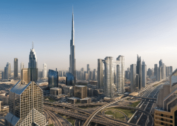 A panoramic view of Dubai’s modern skyline featuring a mix of high-rise residential and commercial towers under a bright blue sky.