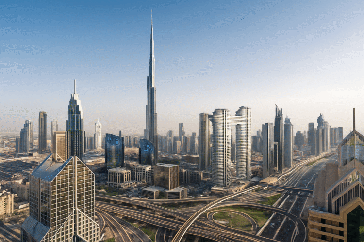 A panoramic view of Dubai’s modern skyline featuring a mix of high-rise residential and commercial towers under a bright blue sky.