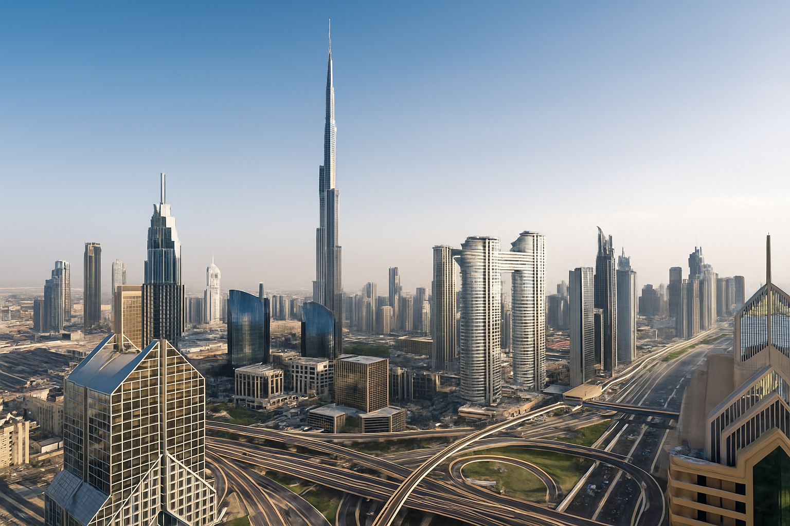 A panoramic view of Dubai’s modern skyline featuring a mix of high-rise residential and commercial towers under a bright blue sky.