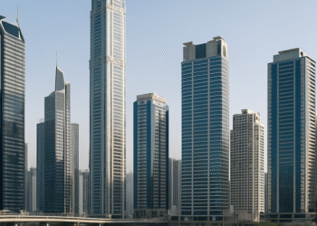 A panoramic view of Dubai's commercial business district with modern skyscrapers and well-developed infrastructure under clear skies.