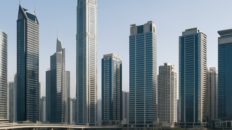 A panoramic view of Dubai's commercial business district with modern skyscrapers and well-developed infrastructure under clear skies.