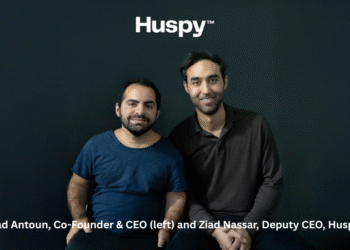 Jad Antoun and Ziad Nassar, the leadership duo behind Huspy, pose against a dark backdrop, representing the UAE-based proptech company.