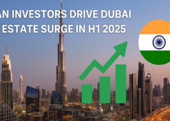 Indian investors drive Dubai real estate surge in H1 2025 – illustrated with Dubai skyline, Indian flag, and upward green bar graph.