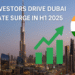 Indian investors drive Dubai real estate surge in H1 2025 – illustrated with Dubai skyline, Indian flag, and upward green bar graph.