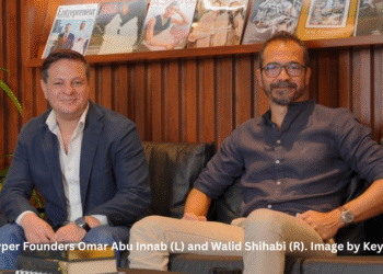 Keyper co-founders Omar Abu Innab and Walid Shihabi at their Dubai office, pioneers in UAE proptech innovation and digital property management.