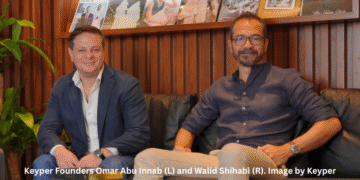 Keyper co-founders Omar Abu Innab and Walid Shihabi at their Dubai office, pioneers in UAE proptech innovation and digital property management.