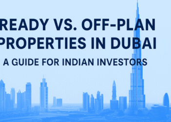 Illustration comparing ready and off-plan properties in Dubai with visual icons and skyline backdrop