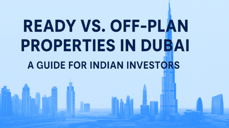 Illustration comparing ready and off-plan properties in Dubai with visual icons and skyline backdrop