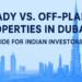 Illustration comparing ready and off-plan properties in Dubai with visual icons and skyline backdrop