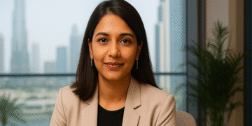 Portrait of Ritika Vohra, CEO of Dune Realty Advisory, at her boutique real-estate consultancy office in Dubai