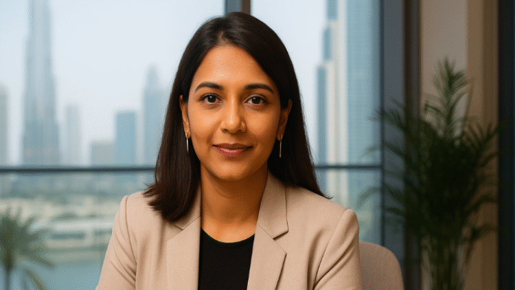 Portrait of Ritika Vohra, CEO of Dune Realty Advisory, at her boutique real-estate consultancy office in Dubai