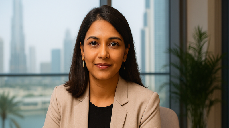 Portrait of Ritika Vohra, CEO of Dune Realty Advisory, at her boutique real-estate consultancy office in Dubai