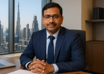 Indian real estate CEO Shailendra Sharma at his Dubai office, discussing property trends for Indian investors.