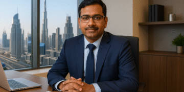 Indian real estate CEO Shailendra Sharma at his Dubai office, discussing property trends for Indian investors.