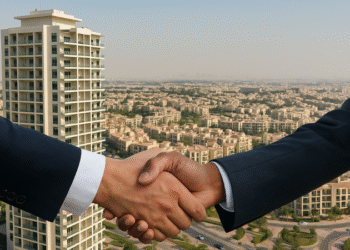 Business handshake between NiFCO and BNW with Jumeirah Village Circle skyline in the background.