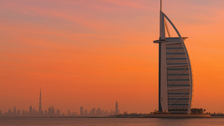 Dubai luxury real estate skyline with modern skyscrapers and waterfront