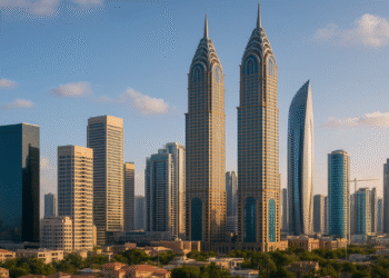 Aerial view of modern residential towers and waterfront communities in Dubai, reflecting the city’s thriving real estate sector.
