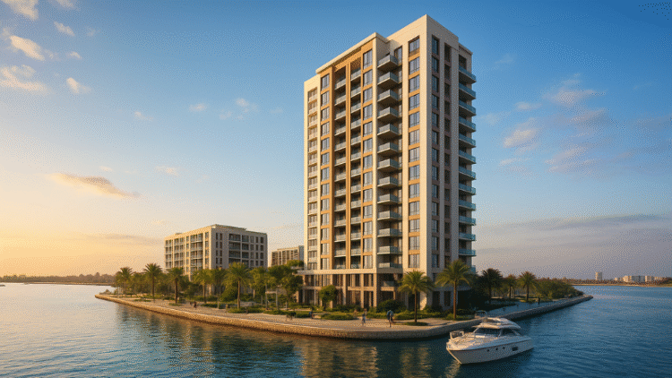Waterfront residential towers of Ajman Creek Towers by Park Properties and GJ Properties in the UAE