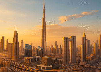 Aerial view of Dubai skyline featuring futuristic architecture and coastal urban design at dusk