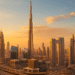 Aerial view of Dubai skyline featuring futuristic architecture and coastal urban design at dusk