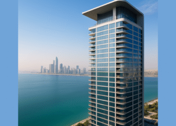 Modern high-rise building in Abu Dhabi overlooking the Arabian Gulf, representing Mered’s waterfront development on Al Reem Island