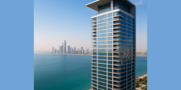 Modern high-rise building in Abu Dhabi overlooking the Arabian Gulf, representing Mered’s waterfront development on Al Reem Island