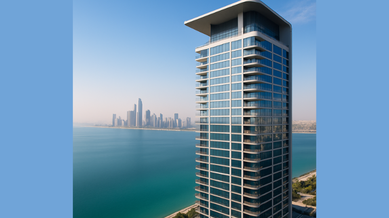 Modern high-rise building in Abu Dhabi overlooking the Arabian Gulf, representing Mered’s waterfront development on Al Reem Island