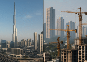 Split-screen showing Dubai skyline and Indian city real estate, representing regulatory comparison for property investors
