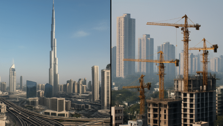 Split-screen showing Dubai skyline and Indian city real estate, representing regulatory comparison for property investors
