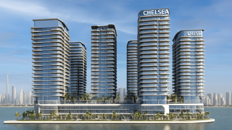 A high-resolution aerial rendering of Chelsea Residences by DAMAC in Dubai Maritime City, featuring waterfront luxury towers against the Dubai skyline at sunset.