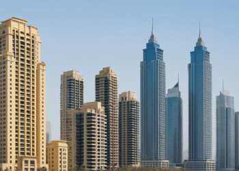 A high-resolution image showcasing a sleek, modern low-rise residential development in Dubai, surrounded by greenery and set against a clear sky.