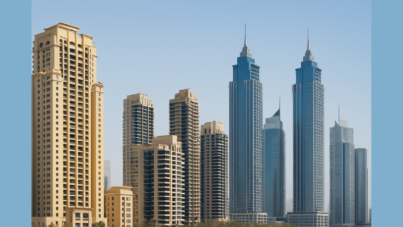 A high-resolution image showcasing a sleek, modern low-rise residential development in Dubai, surrounded by greenery and set against a clear sky.