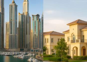 Split-view image showcasing Dubai Marina skyline representing freehold properties and a residential neighborhood symbolizing leasehold ownership in Dubai.