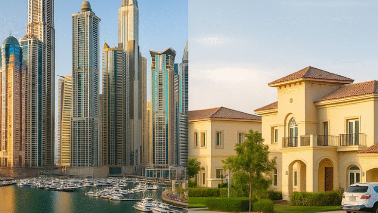 Split-view image showcasing Dubai Marina skyline representing freehold properties and a residential neighborhood symbolizing leasehold ownership in Dubai.
