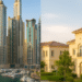 Split-view image showcasing Dubai Marina skyline representing freehold properties and a residential neighborhood symbolizing leasehold ownership in Dubai.
