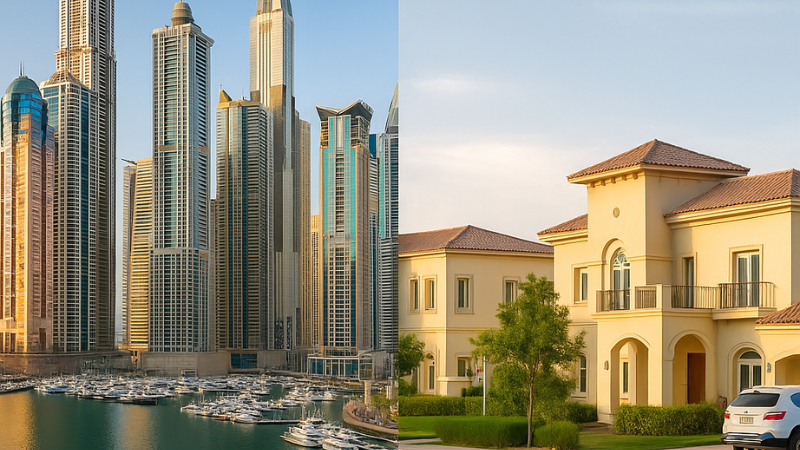 Split-view image showcasing Dubai Marina skyline representing freehold properties and a residential neighborhood symbolizing leasehold ownership in Dubai.