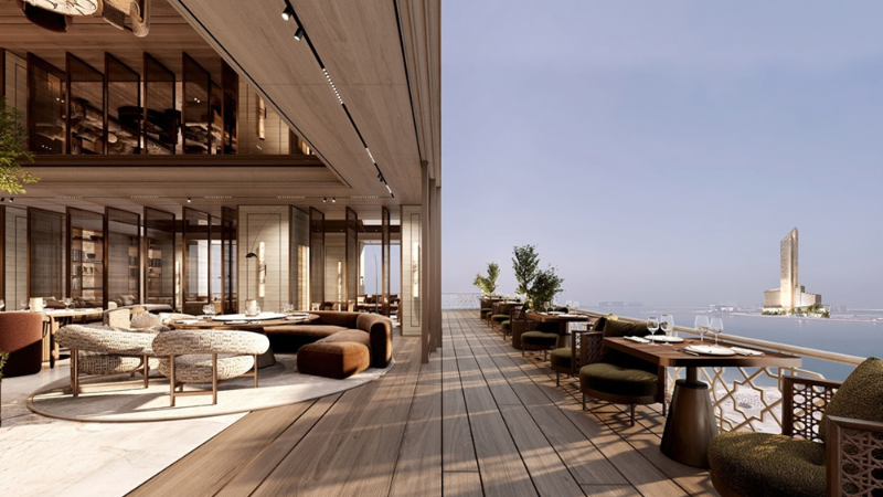Luxury lounge and terrace view at Waldorf Astoria Residences Ras Al Khaimah overlooking the Arabian Gulf
