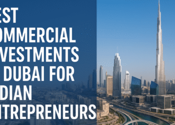 Dubai skyline with Burj Khalifa and modern skyscrapers promoting article on best commercial investments in Dubai for Indian entrepreneurs.