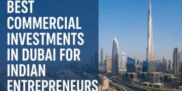 Dubai skyline with Burj Khalifa and modern skyscrapers promoting article on best commercial investments in Dubai for Indian entrepreneurs.
