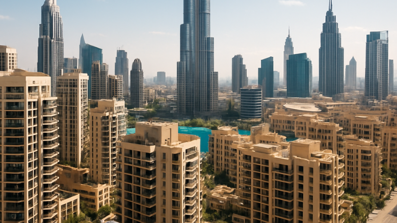Dubai skyline and modern residential buildings, representing real estate investment opportunities