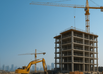 Aerial view of Dubai skyline with major real estate development sites under construction.