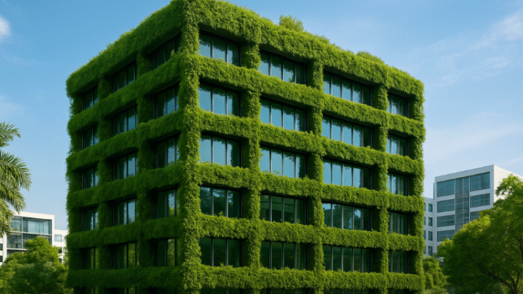 A high-resolution image of a sustainable green building surrounded by trees and modern landscaping, captured during daytime under a clear blue sky.