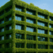 A high-resolution image of a sustainable green building surrounded by trees and modern landscaping, captured during daytime under a clear blue sky.